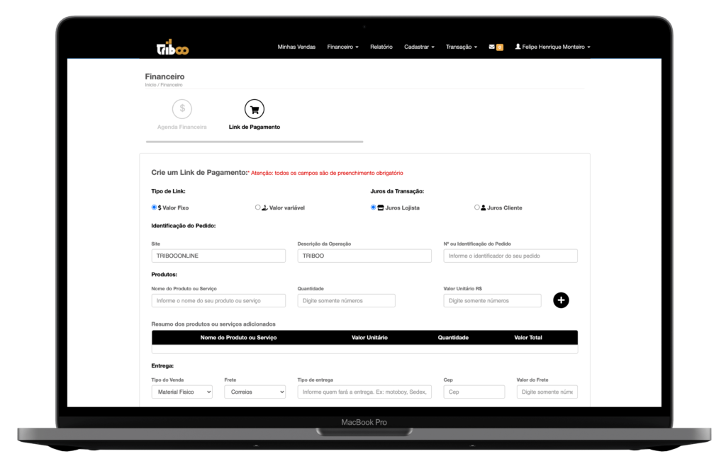 triboo link de pagamento online redes sociais